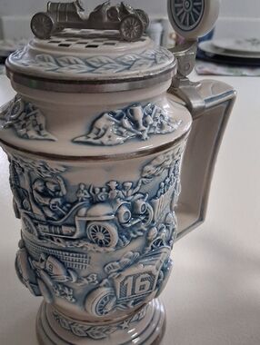 Blue and White Vintage-Style Ceramic Beer Stein - Avon Race Car Stein
